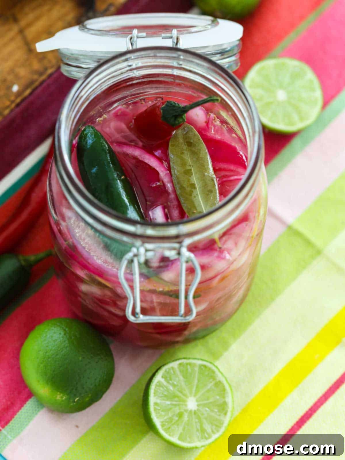 Mexican Pickled Red Onions with bay leaf, after chilling overnight.