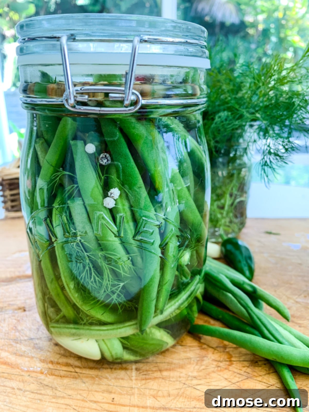 A clamp-top jar filled with homemade pickled green beans, garlic, and dill.