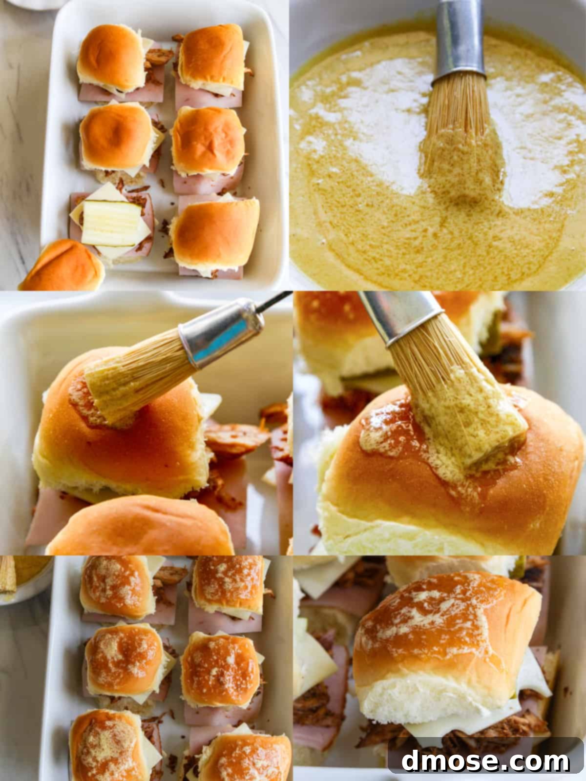 Step-by-step imagery showing the layering of ham, cheese, pulled pork, and pickles onto Hawaiian rolls for slider assembly.