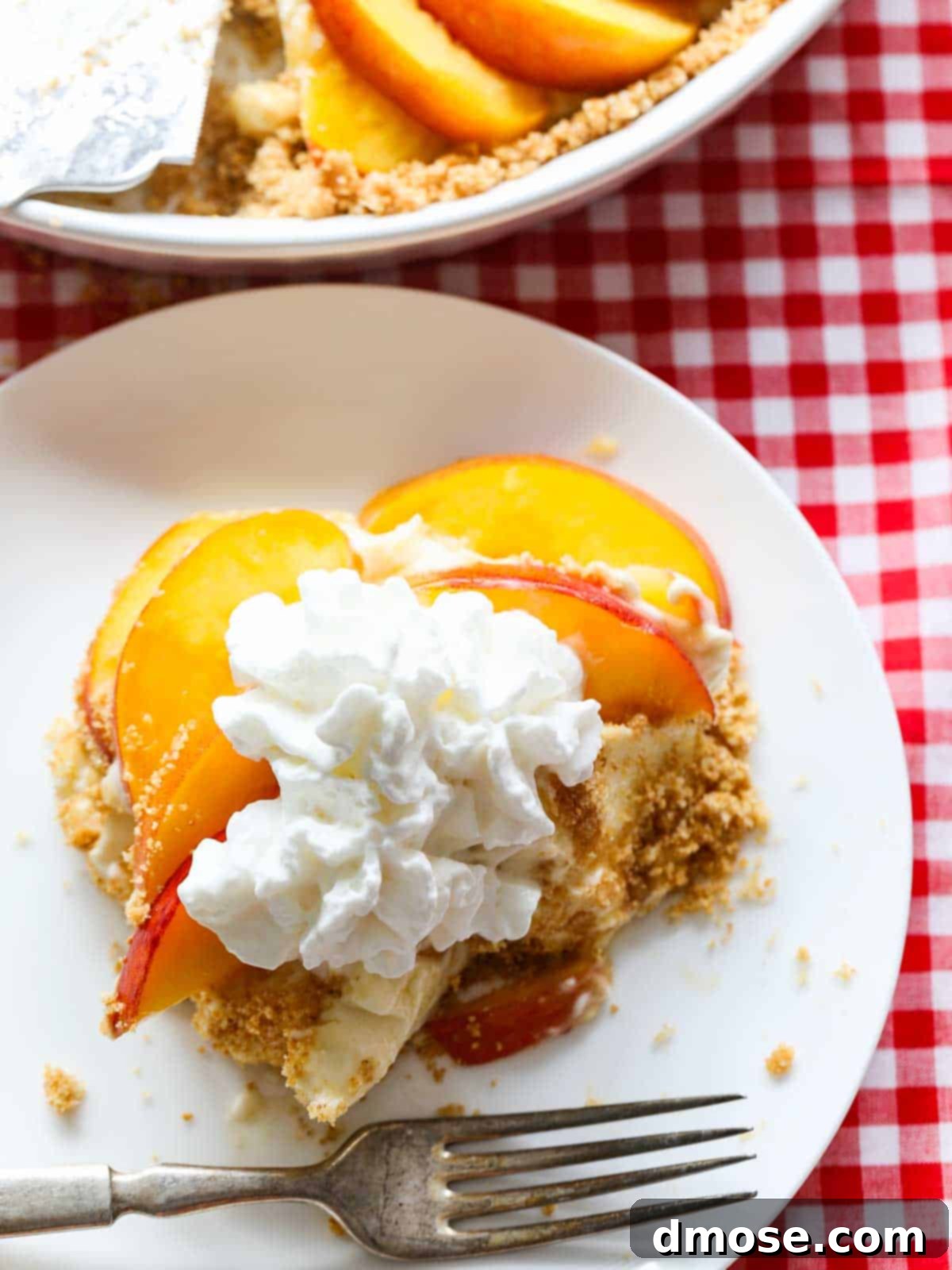 An overhead shot of a single slice of no-bake peach cheesecake on a white plate, garnished with fresh whipped cream.