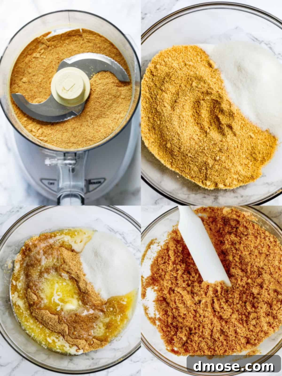 Step-by-step image showing how to press a graham cracker crust into a pie plate.