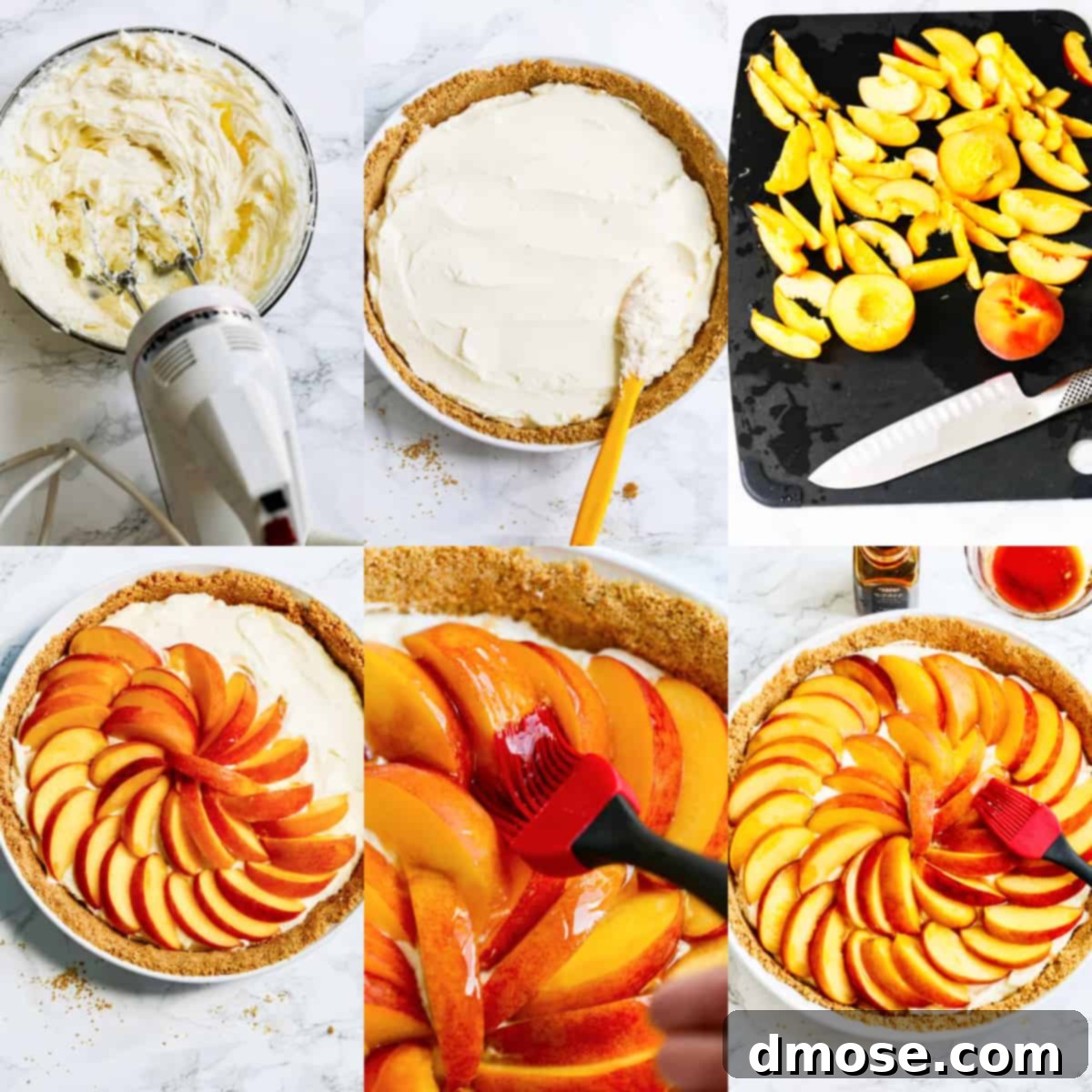 A close-up view of the no-bake peach cheesecake pie being assembled, showing peach slices arranged on the creamy filling.