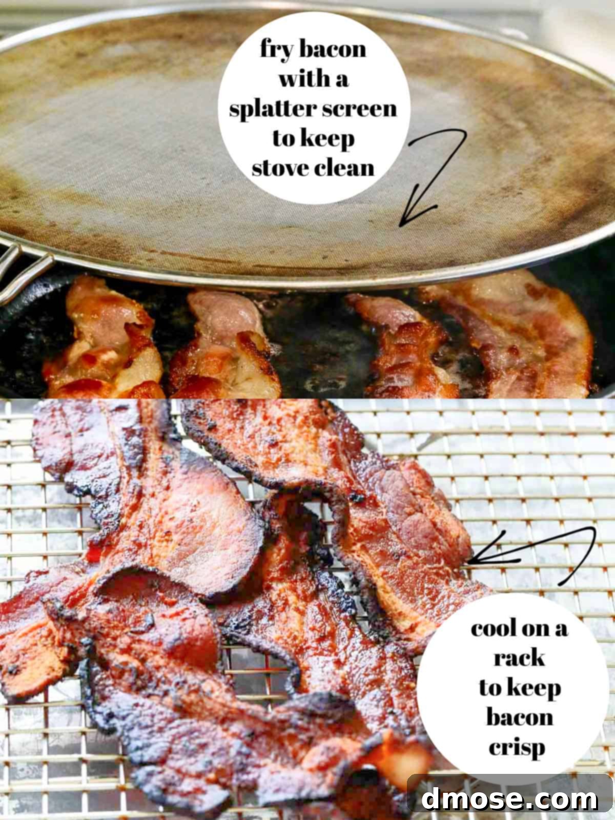 A close-up shot of thick-cut applewood smoked bacon sizzling and crisping up in a cast iron pan, showing the rich color and texture.