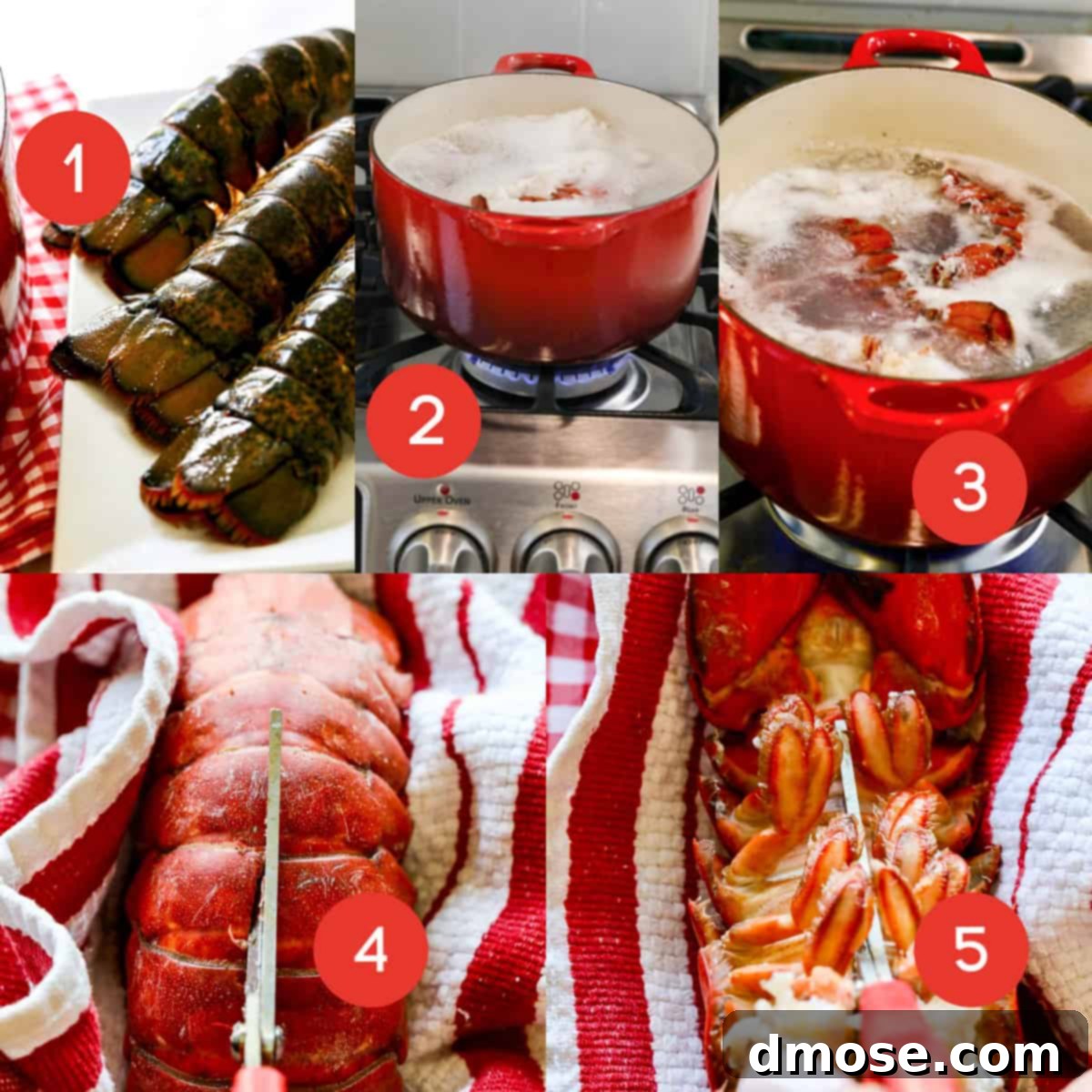 A sequence of images demonstrating the process of boiling lobster tails, showing the shells transforming into a vibrant red color as they cook, indicating readiness.
