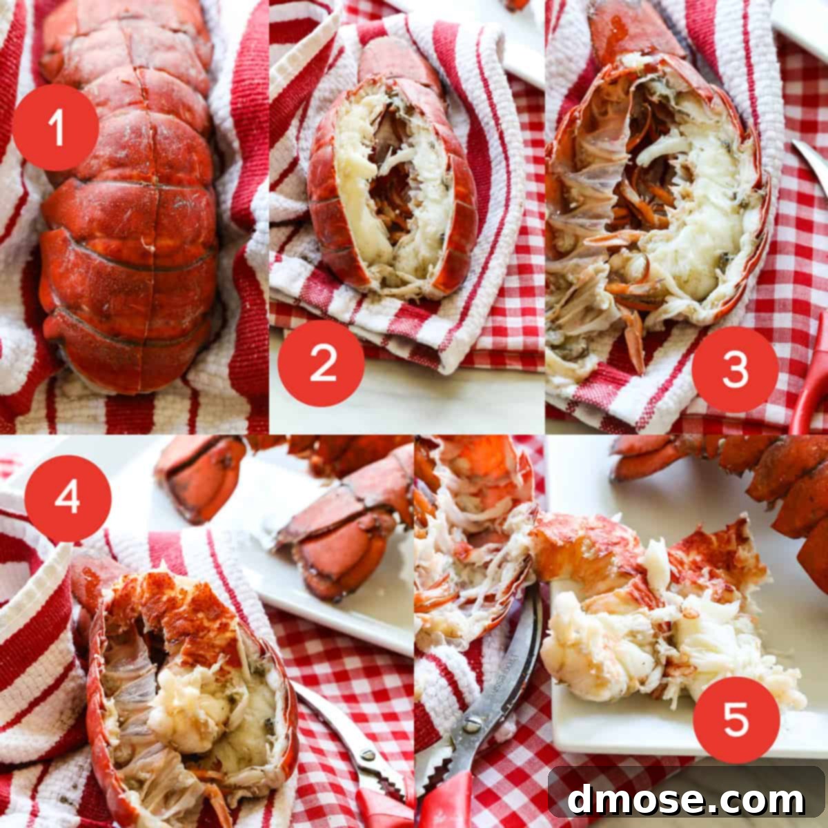 An illustrated guide detailing the step-by-step process of removing cooked lobster meat cleanly from its shell, ensuring all meat is extracted efficiently.