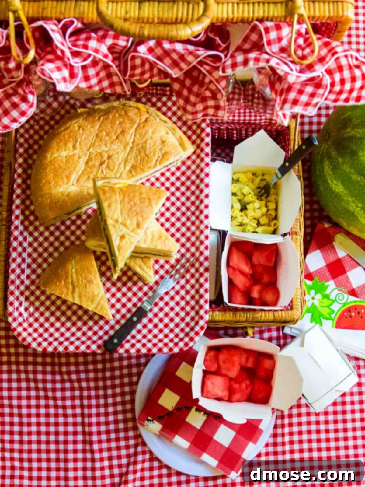 Picnic Ready Pressed Italian Subs 2 A red and white picnic basket with picnic sandwiches, watermelon and mac salad.