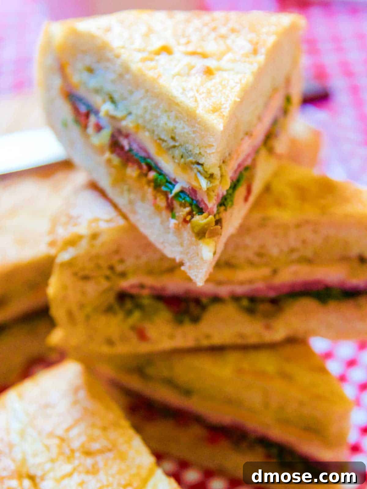 Picnic Ready Pressed Italian Subs 3 Triangle sliced picnic sandwiches stacked on top of each other at a picnic.