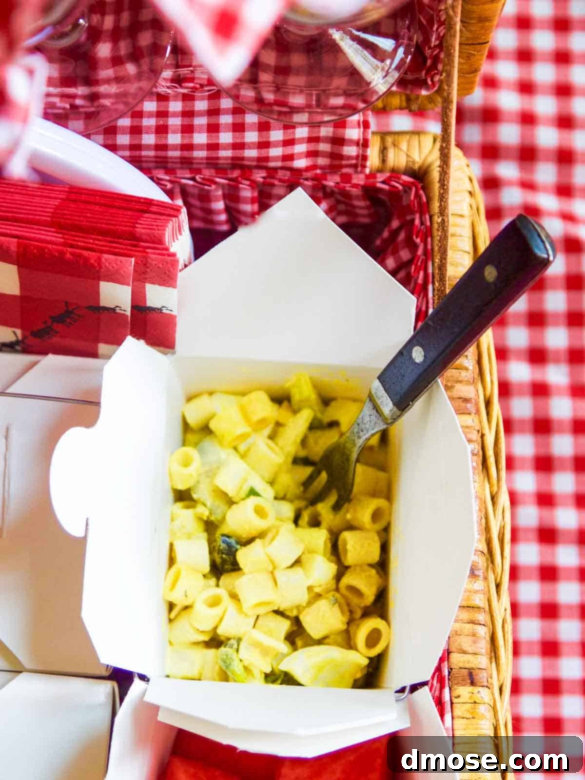 Picnic Ready Pressed Italian Subs 21 Macroni salad in paper take away container for picnic sandwiches.