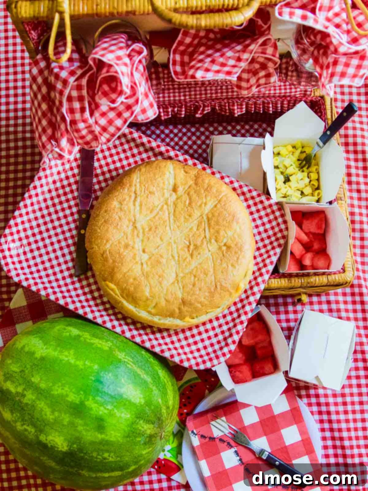 Picnic Ready Pressed Italian Subs 4 A round pressed picnic sandwich with a watermelon and red check picnic basket.