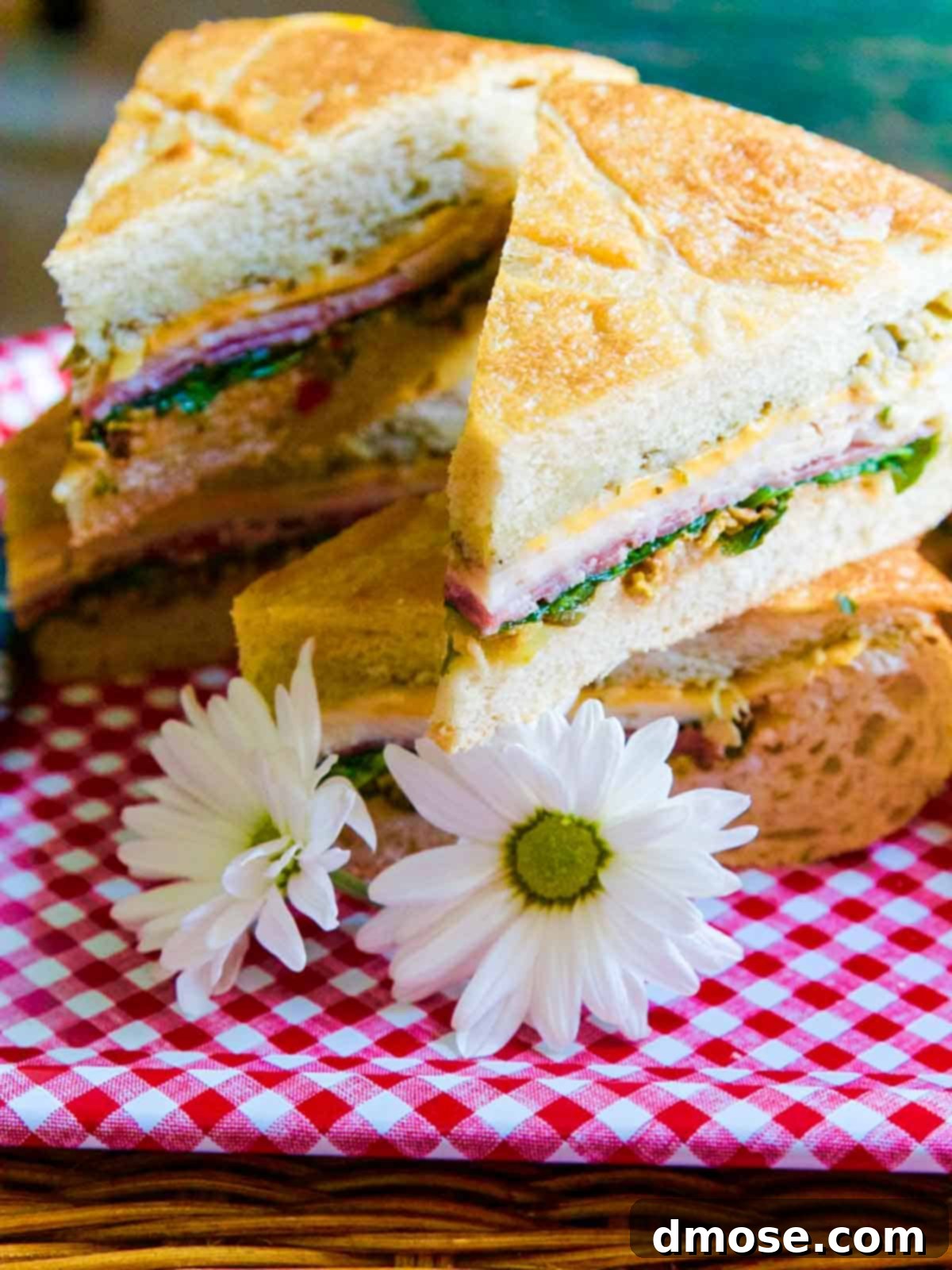 Picnic Ready Pressed Italian Subs 5 Stacked picnic sandwiches on tray.