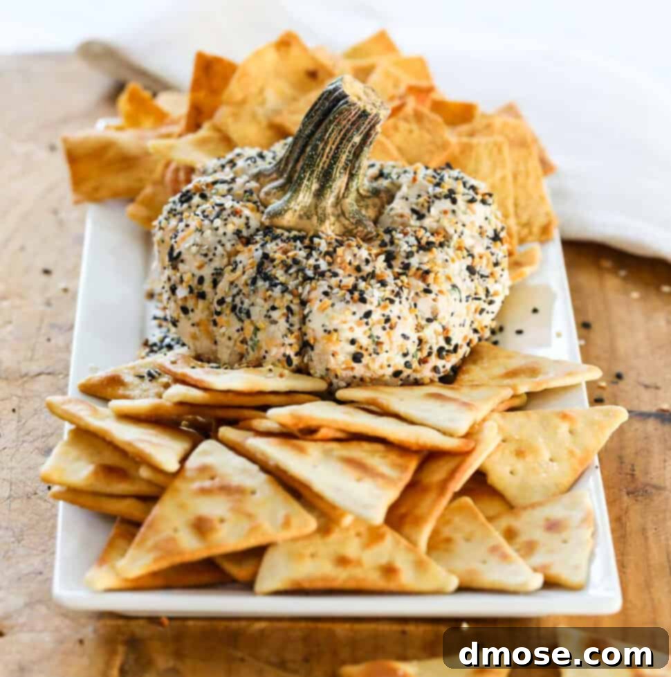 Harvest Everything Bagel Pumpkin Cheese Ball 10 A pumpkin shaped cheese ball on a platter with pita chips and crackers.