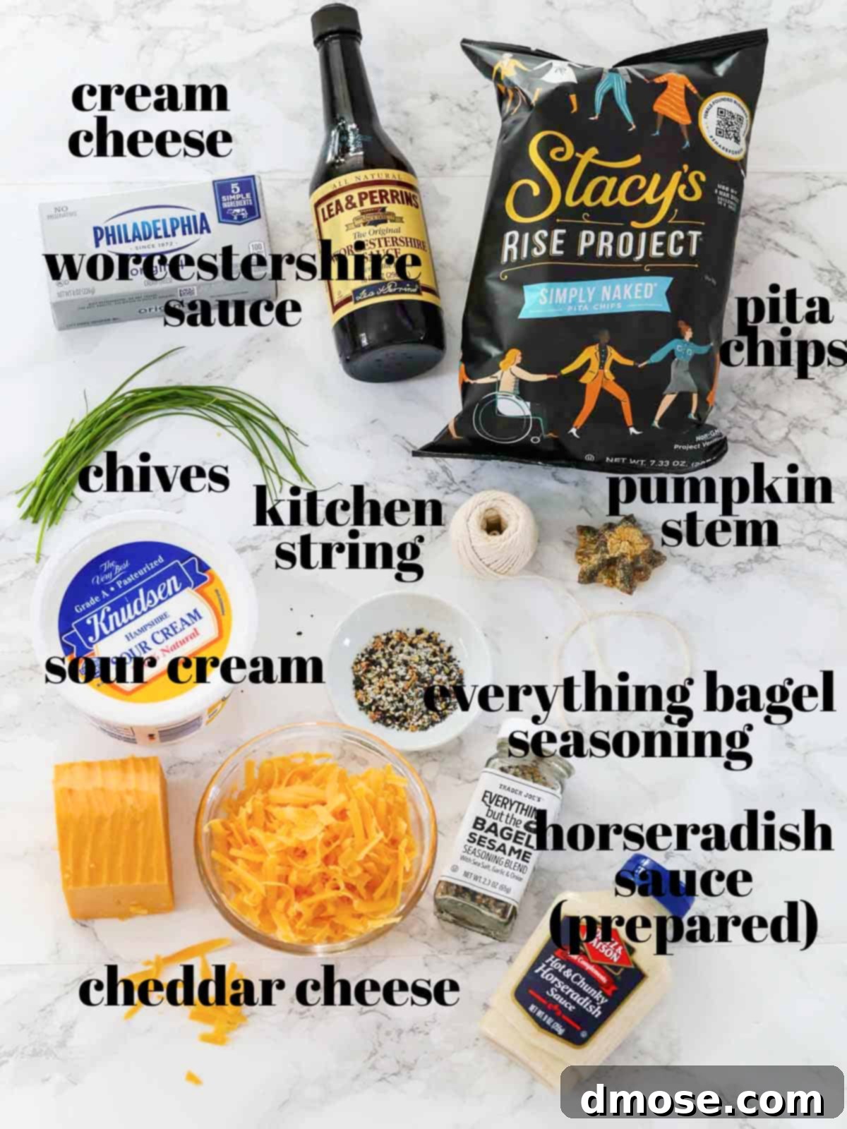 Harvest Everything Bagel Pumpkin Cheese Ball 3 Ingredients for Everything Bagel Cheese Ball laid out on a table.