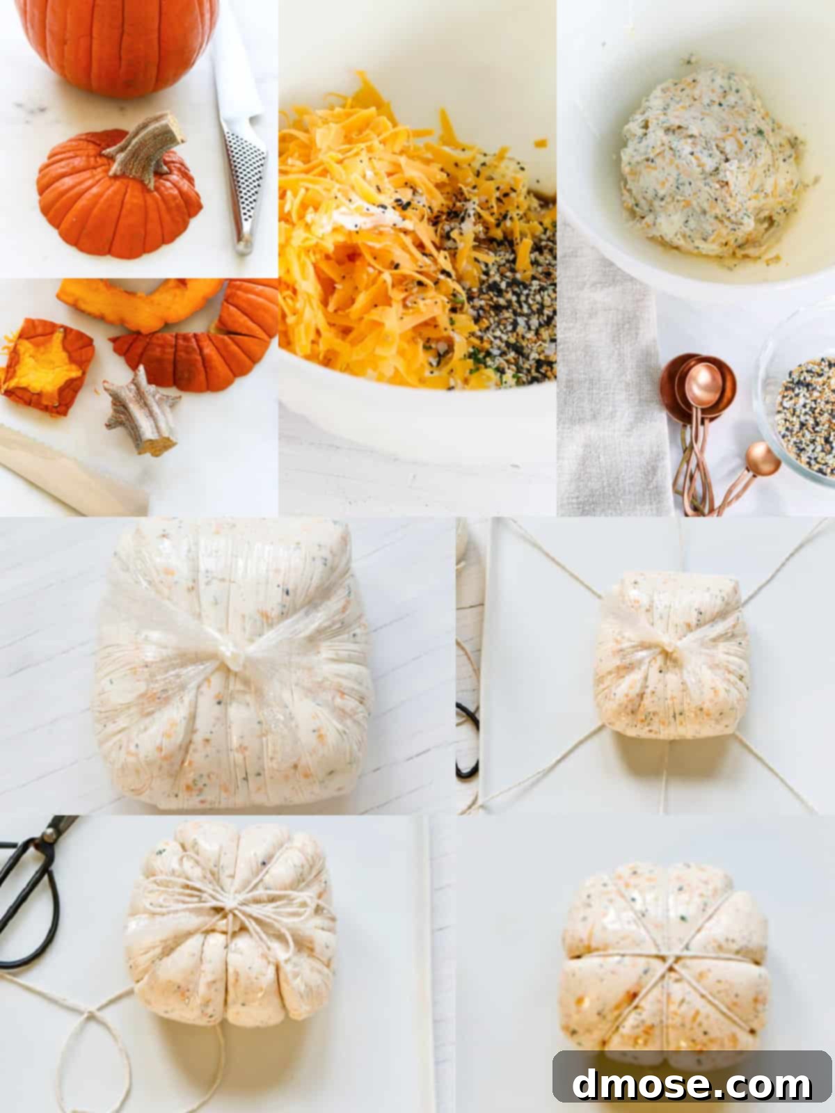 Harvest Everything Bagel Pumpkin Cheese Ball 4 Step-by-step process of making the Everything Bagel Cheese Ball, from mixing ingredients to shaping.