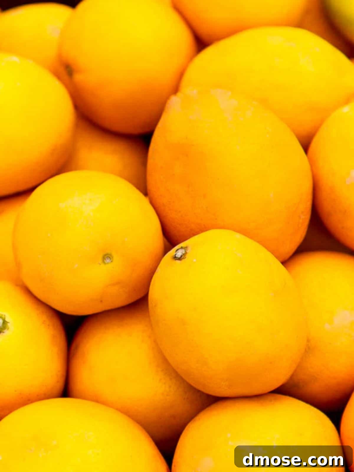 A vibrant pile of fresh Meyer lemons, showcasing their distinctive round shape and rich yellow-orange hue, ready to be zested and juiced for a recipe.