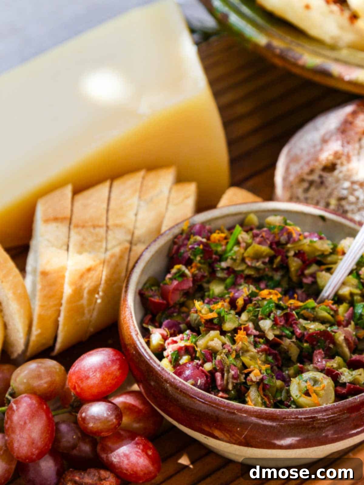 A festive table setting featuring Meyer Lemon Olive Tapenade alongside a variety of other delicious appetizers, perfect for a gathering.