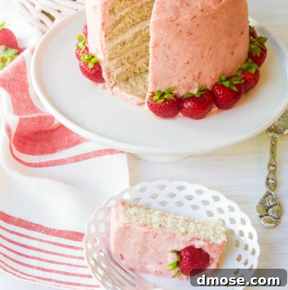 A freshly baked and decorated strawberry cake with real strawberries as decorations.