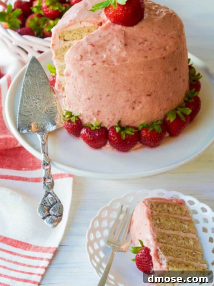 A slice being cut from a beautifully frosted strawberry cake.