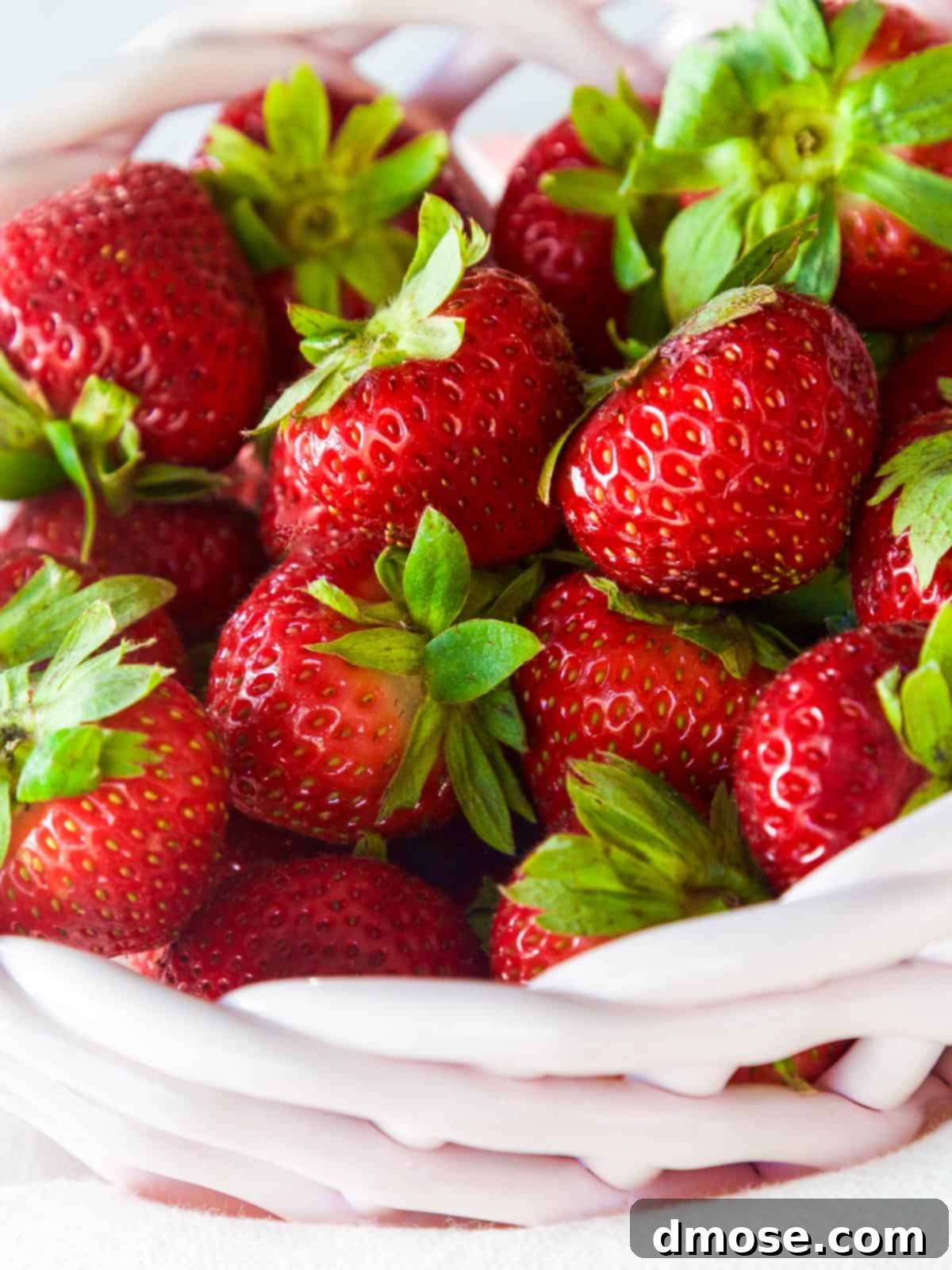 Fresh strawberries in a pink basket.