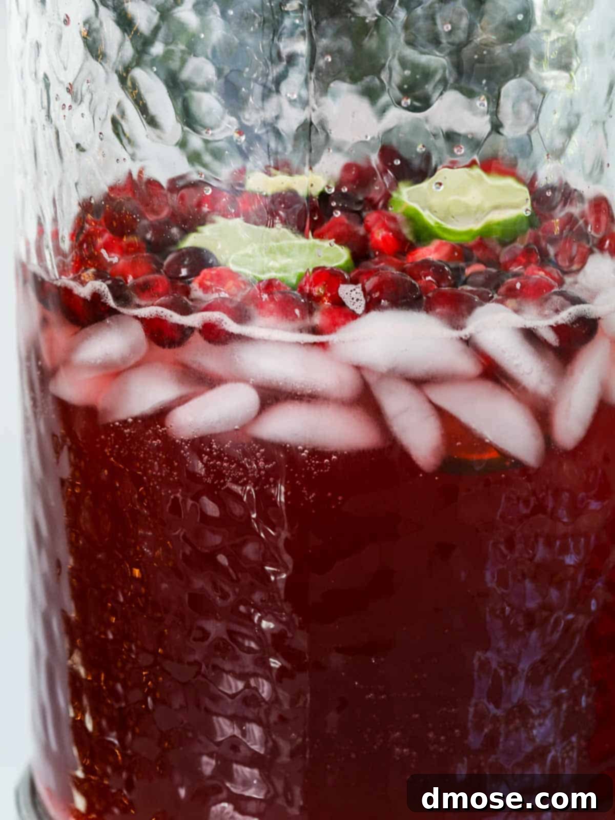 Close-up view of a glass of Christmas Punch, showing the beautiful red liquid with ice, fresh cranberries, and a lime slice.