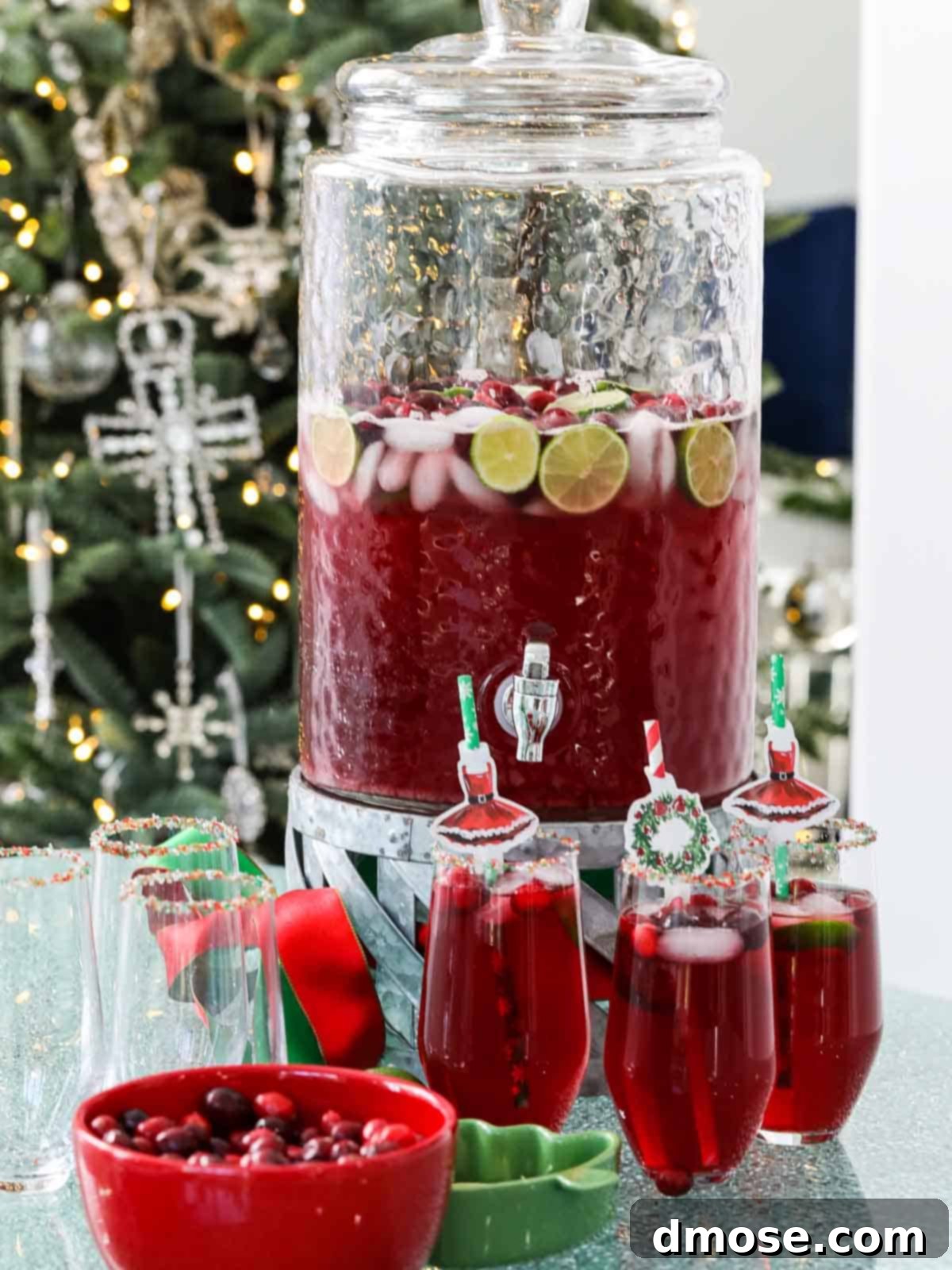 Glasses of Christmas Punch garnished with cranberries and lime, ready to be served at a holiday party.