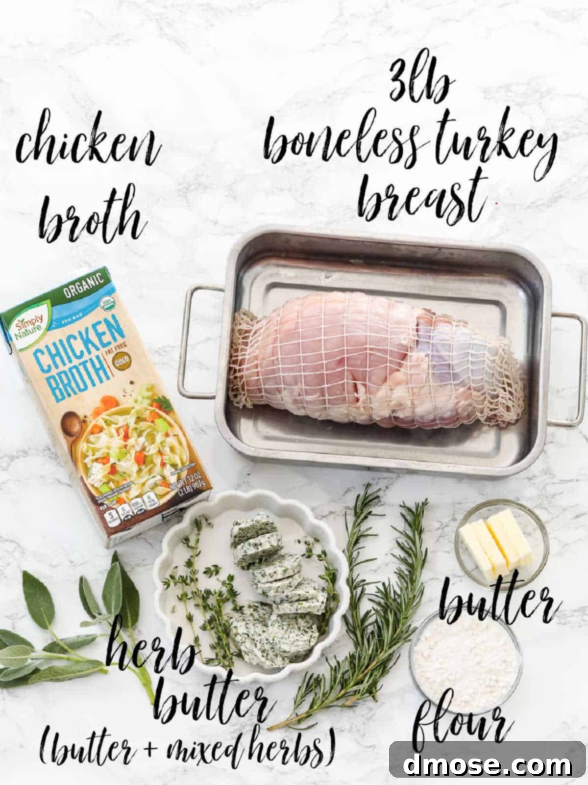 Effortlessly Delicious Turkey Breast 4 Ingredients for Herb Roasted Turkey Breast including a boneless turkey roast, fresh herbs, and butter.