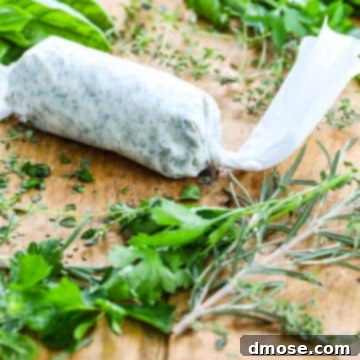 Effortlessly Delicious Turkey Breast 5 Homemade herb butter wrapped in parchment paper on a cutting board with fresh herbs.