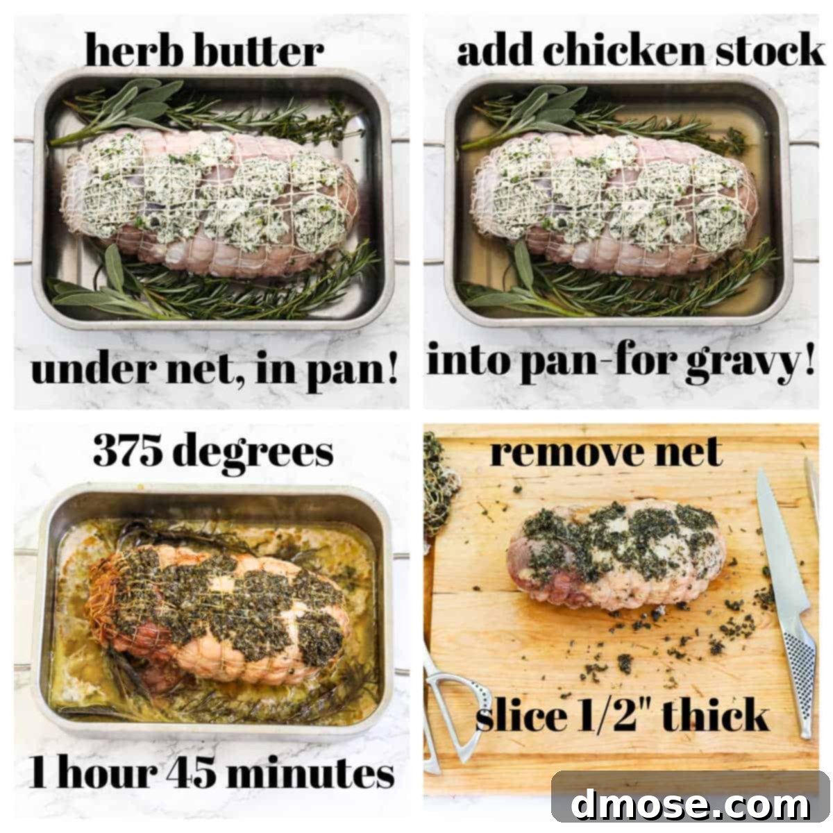 Effortlessly Delicious Turkey Breast 6 Collage showing the process of preparing a roast turkey breast.