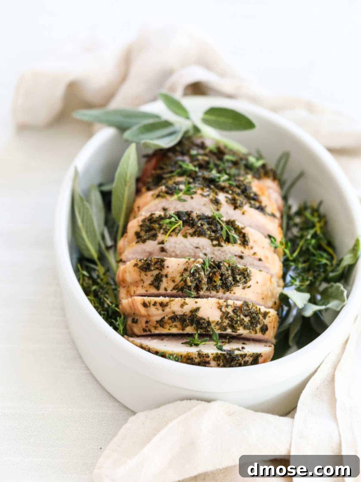 Effortlessly Delicious Turkey Breast 7 Sliced roasted turkey breast with gravy and a sprig of rosemary.