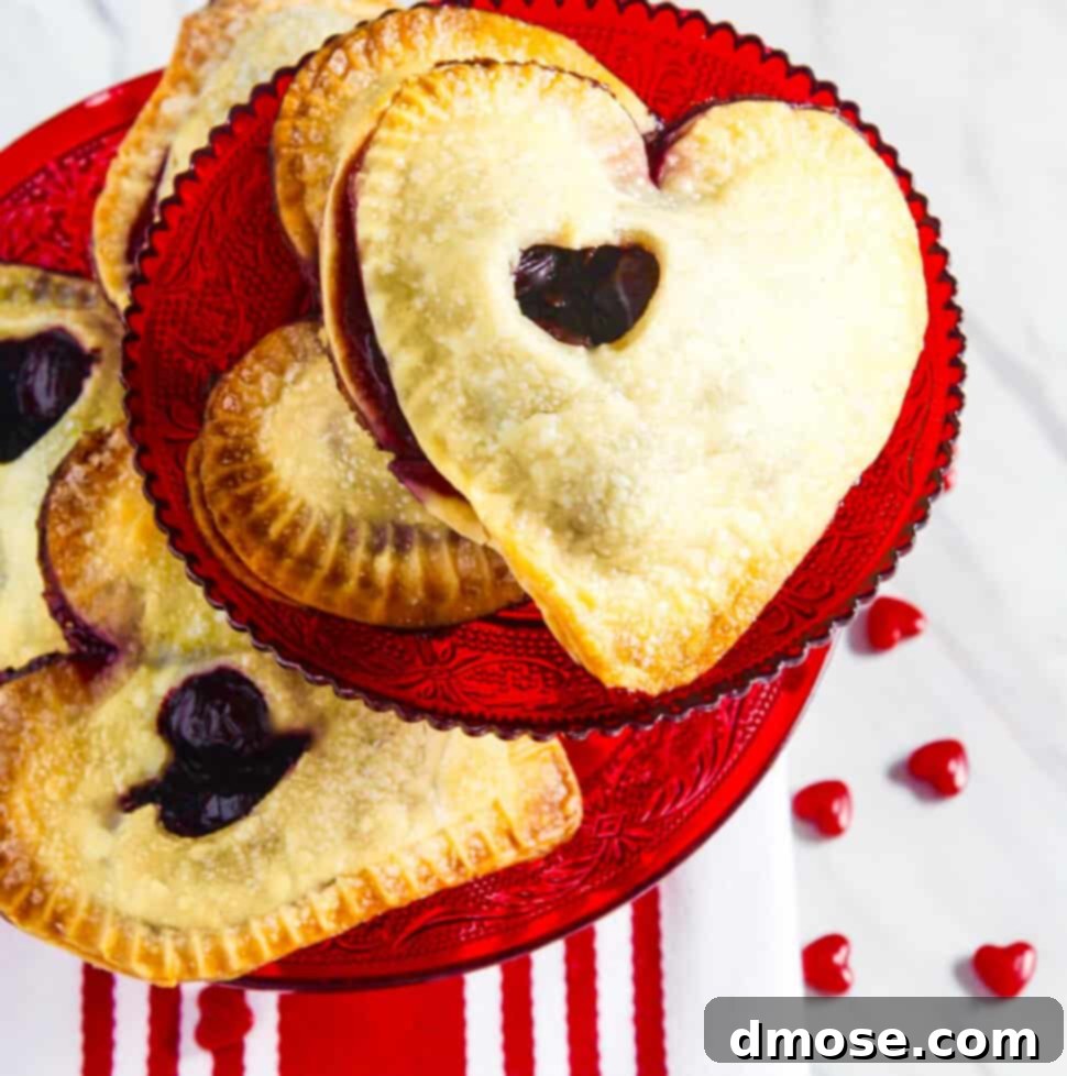A red cookie plate filled with heart shaped chocolate hand pies.