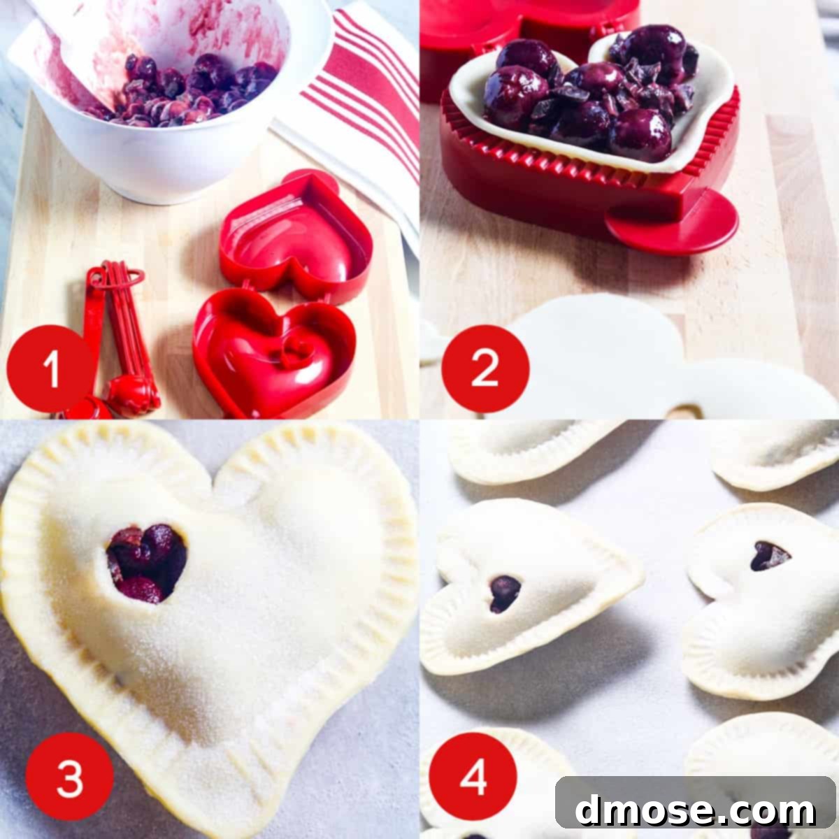 Ingredients for chocolate cherry hand pies laid out, showing frozen cherries, semi-sweet chocolate chips, and store-bought pie crust ready for assembly.
