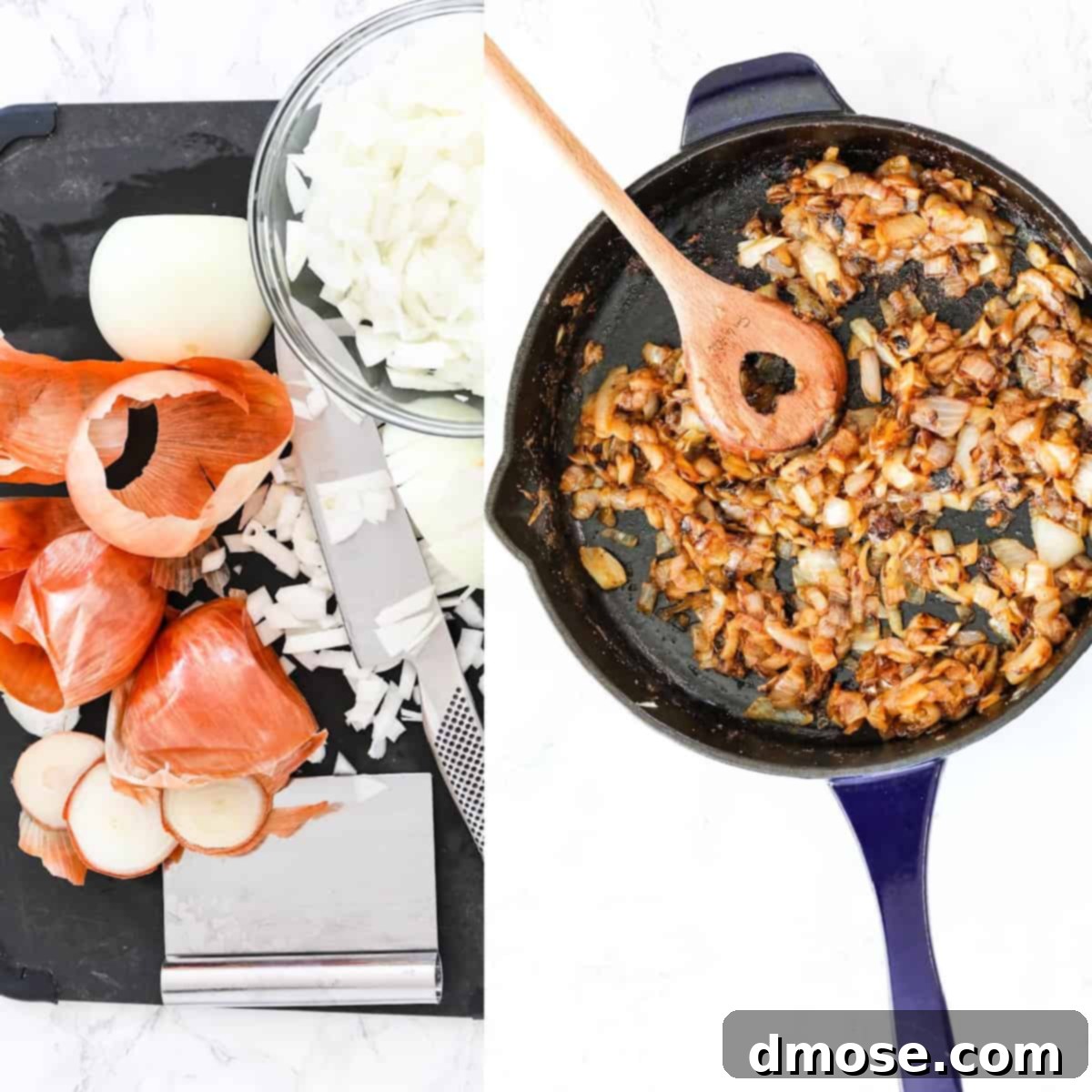 A person chopping brown onions on a cutting board, with a pan of caramelizing onions in the background.