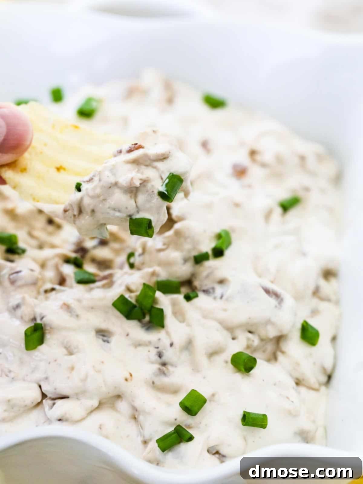 A person scooping French Onion Dip out of a bowl with a ruffled potato chip.