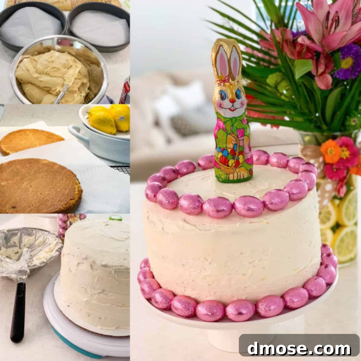 Sweet Easter Treats 6 One of the best lemon dessert recipes: a round lemon cake with luscious lemon buttercream frosting, charmingly decorated with a chocolate bunny and colorful eggs, perfect for Easter.