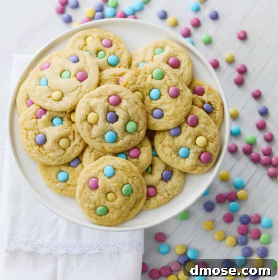A white plate filled with freshly baked cake mix cookies with pastel m&m candies.