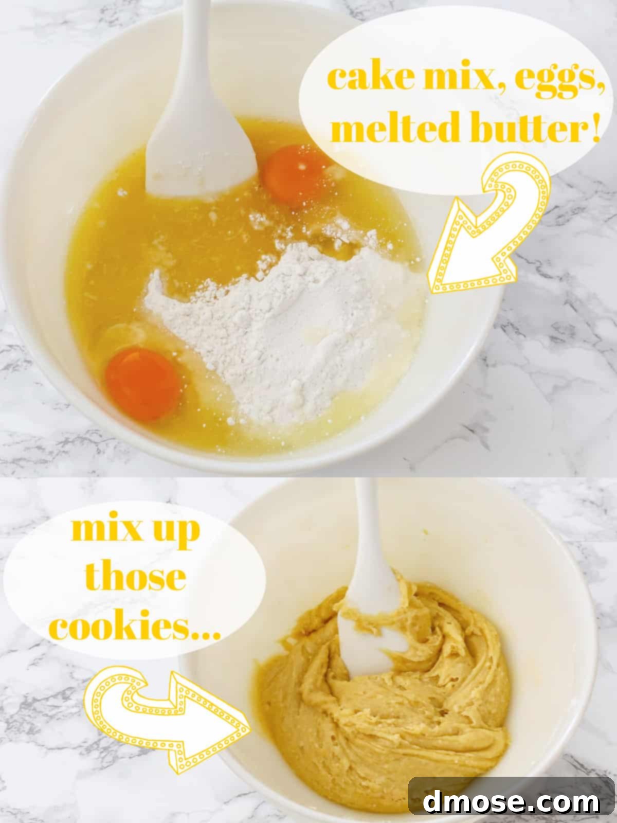 Hands scooping cake mix cookie dough onto a parchment-lined baking sheet using a cookie scoop, demonstrating the preparation process.