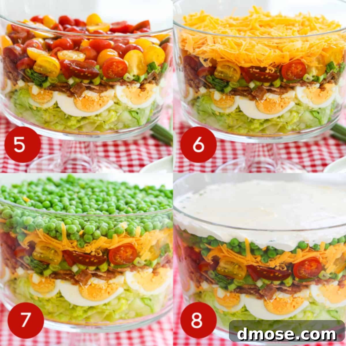 A nearly complete seven-layer salad, with cheddar cheese and peas layered on top of the other ingredients.