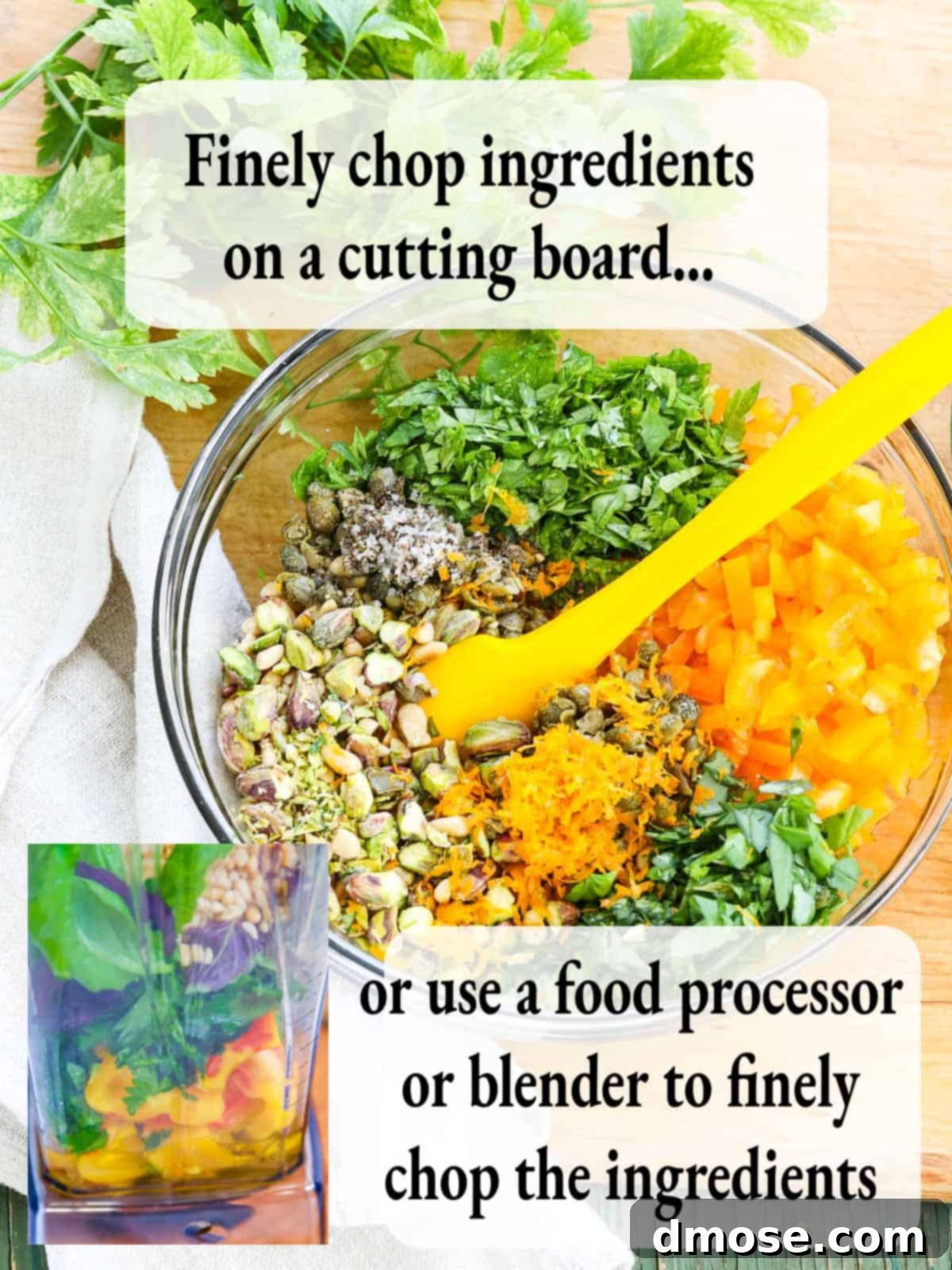 A clear glass bowl filled with finely chopped ingredients for making gremolata.