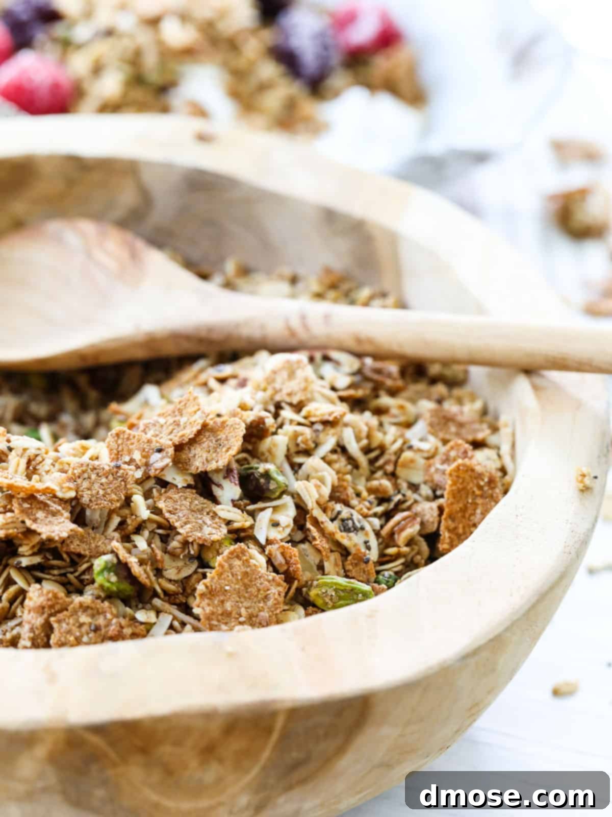 Wooden bowl of granola