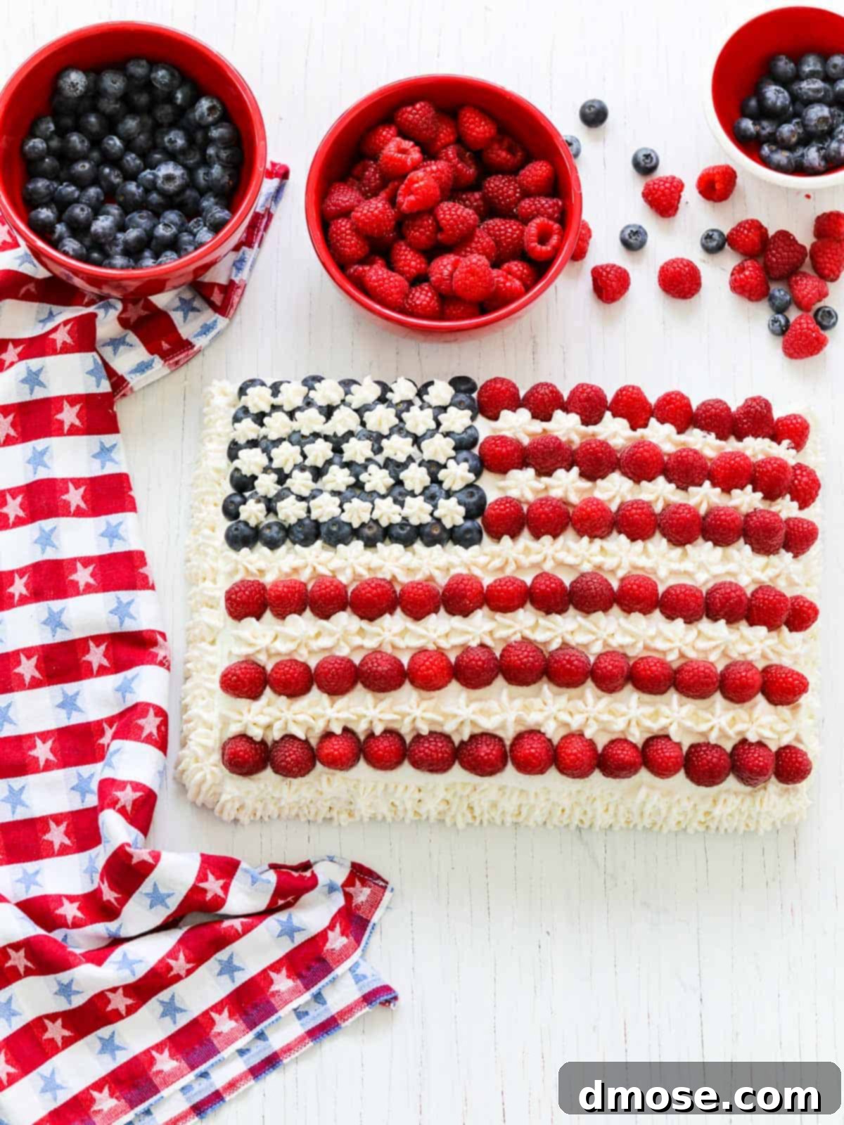 American Flag Cake decorated with raspberries and blueberries, perfect for July 4th celebrations.