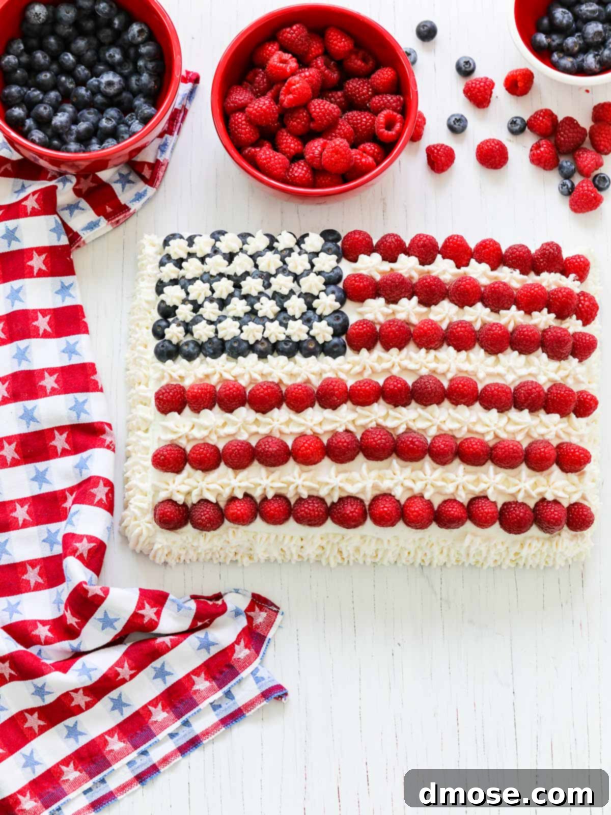 A stunning American Flag Cake, a perfect dessert for July 4th.