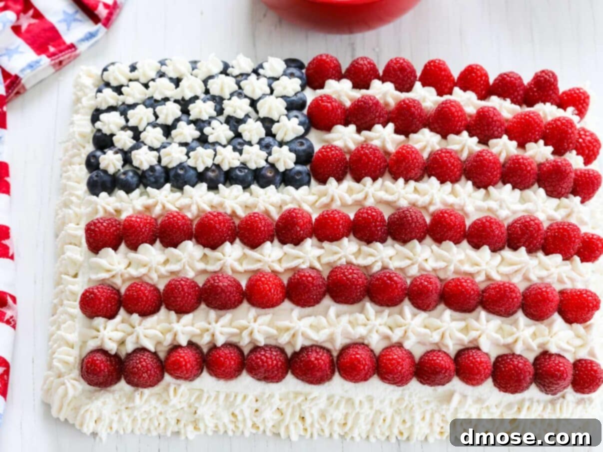 A beautifully decorated American Flag Cake, ready for serving on July 4th.