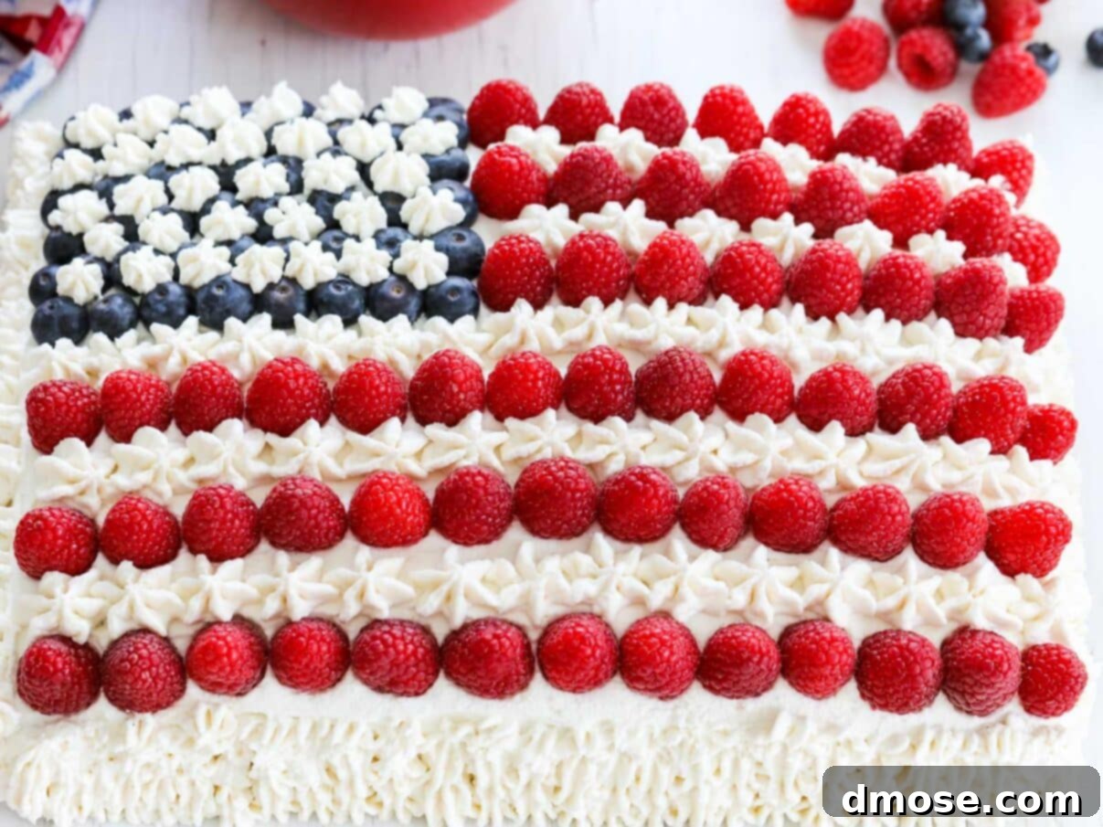 Decorated American Flag Cake with fresh berries for a July 4th celebration.