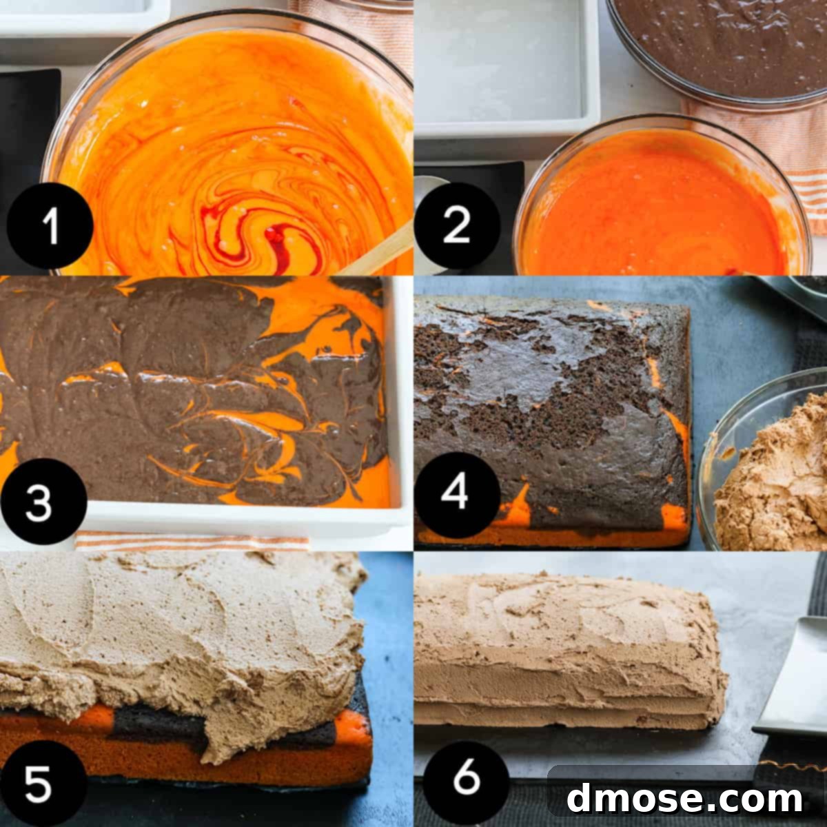 Haunted Halloween Cake Delights 6 Process shots showing the creation of the marbled Halloween cake, with chocolate and orange batters swirled together in a baking pan.