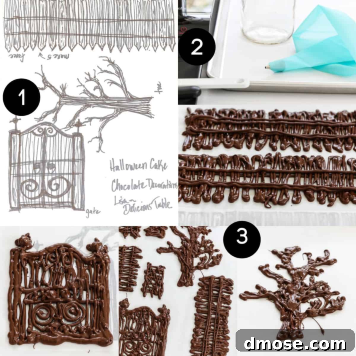 Haunted Halloween Cake Delights 9 Process shots showing the piping of chocolate decorations for a Halloween cake, including a spooky tree and fence, onto parchment paper over a template.
