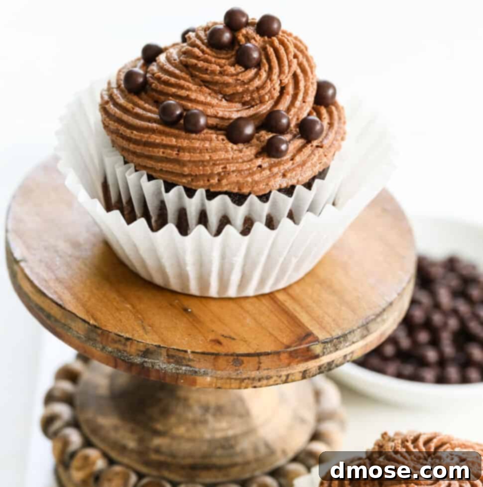 A chocolate cupcake with swirled chocolate buttercream frosting and sprinkles on a small stand.