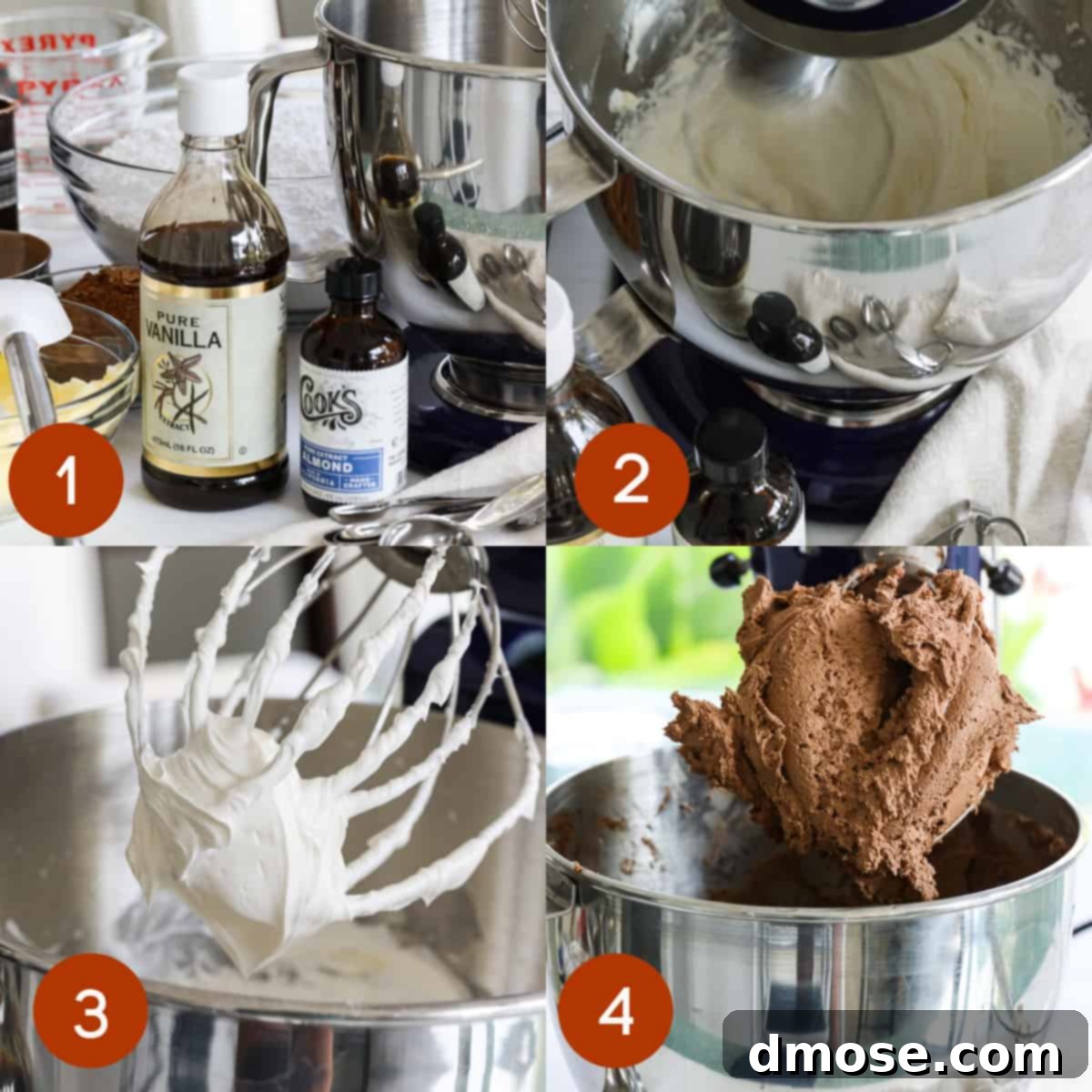 Three stages of making chocolate frosting in a stand mixer, showing butter and shortening creaming, powdered sugar being added, and the final fluffy chocolate buttercream.