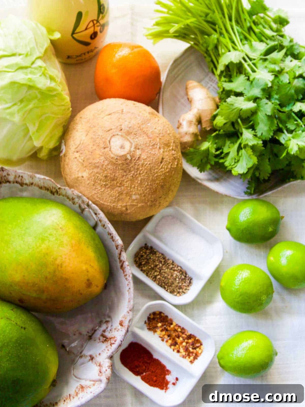 Fresh ingredients for Mango Jicama Slaw including diced mango, shredded cabbage, and grated jicama.