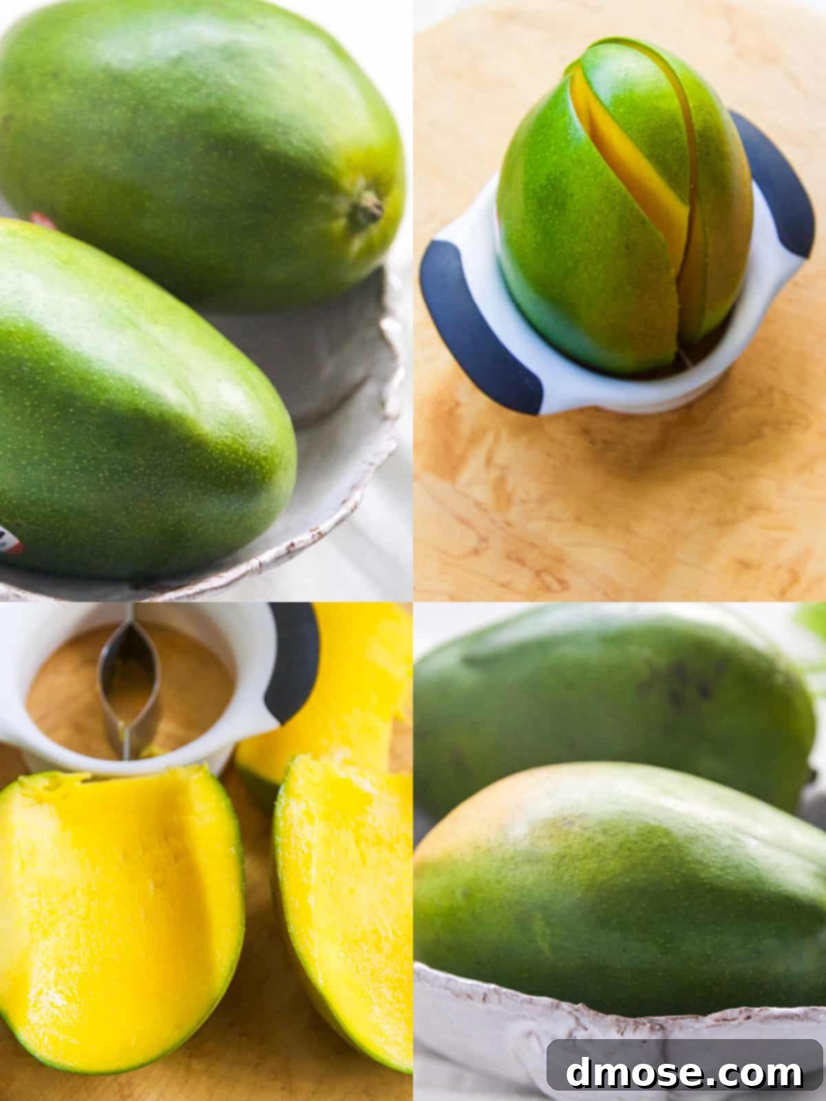 A perfectly cut open mango with cubes scored into the fruit for easy dicing.