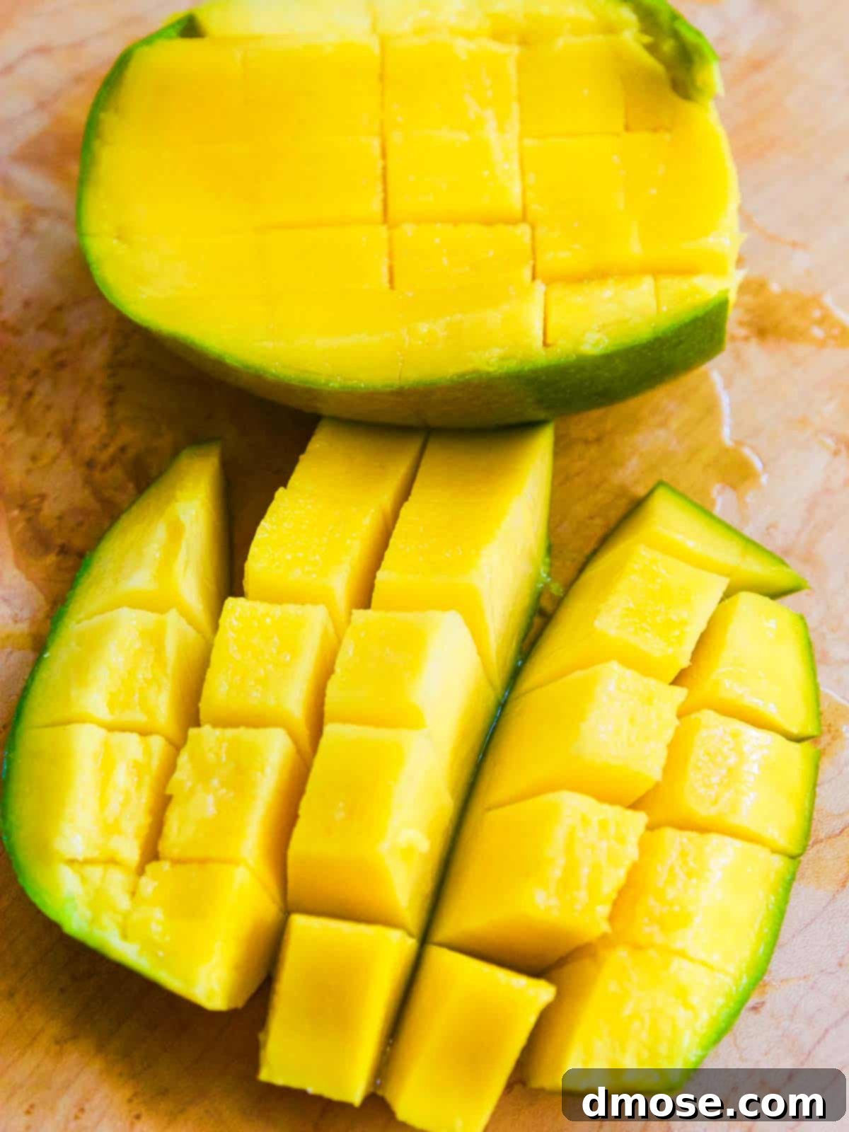 Diced mango cubes ready for the slaw.