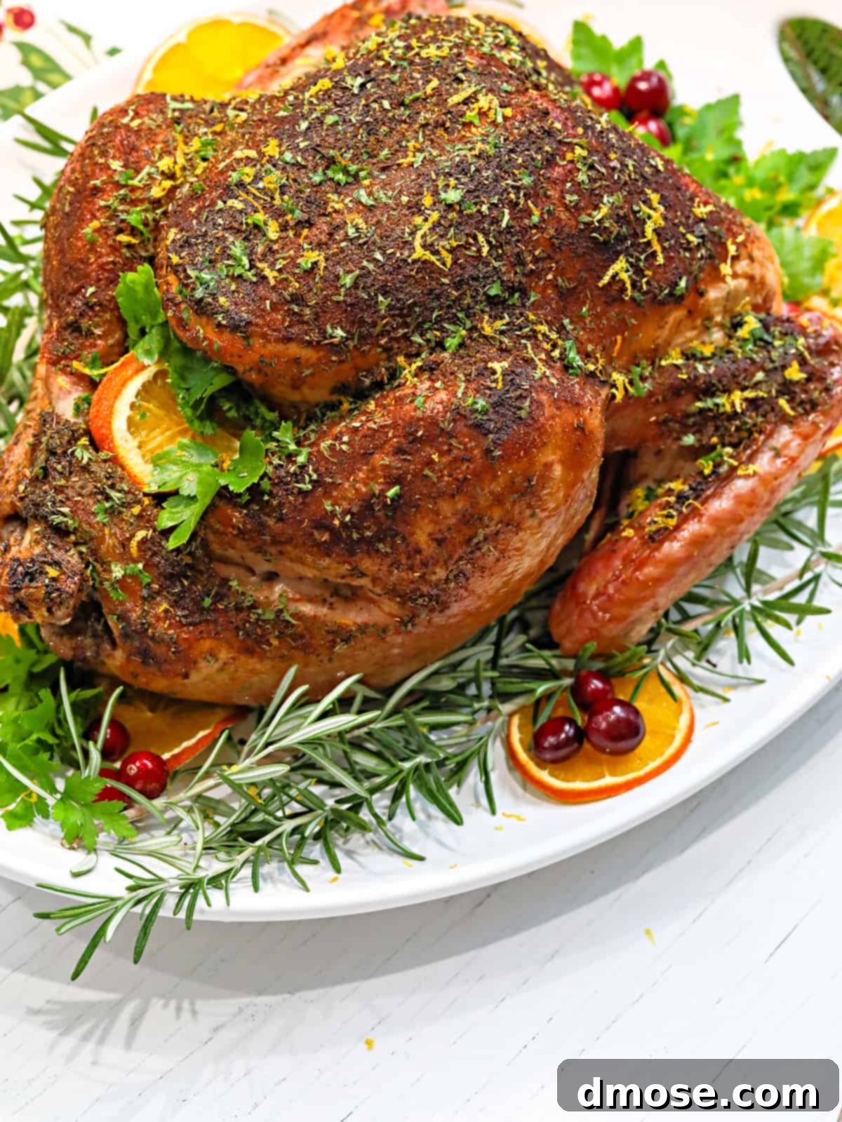 A beautifully roasted dry-brined turkey on a serving platter, garnished for a holiday meal.